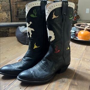 Larry Mahan Black Western Heeled Boots with Multicolor Accents